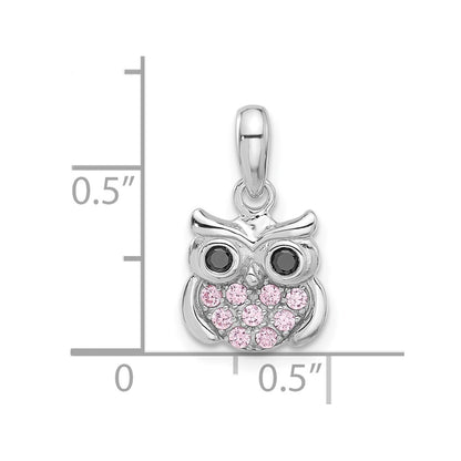 Sterling Silver Rhodium-Plated Pink/black CZ Owl Pendant