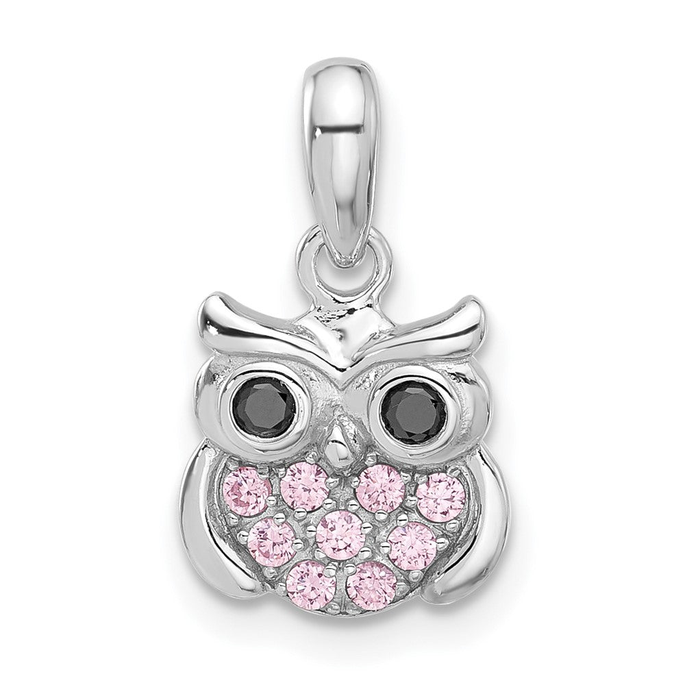 Sterling Silver Rhodium-Plated Pink/black CZ Owl Pendant