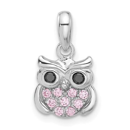Sterling Silver Rhodium-Plated Pink/black CZ Owl Pendant