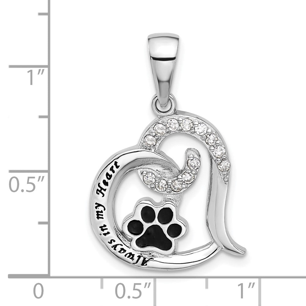 Sterling Silver Rhodium Plated Enamel CZ Paw Always in My Heart Pendant