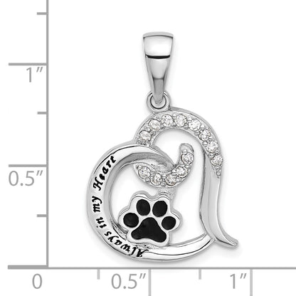 Sterling Silver Rhodium Plated Enamel CZ Paw Always in My Heart Pendant