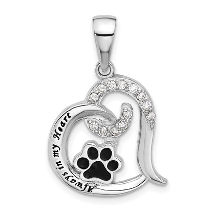 Sterling Silver Rhodium Plated Enamel CZ Paw Always in My Heart Pendant