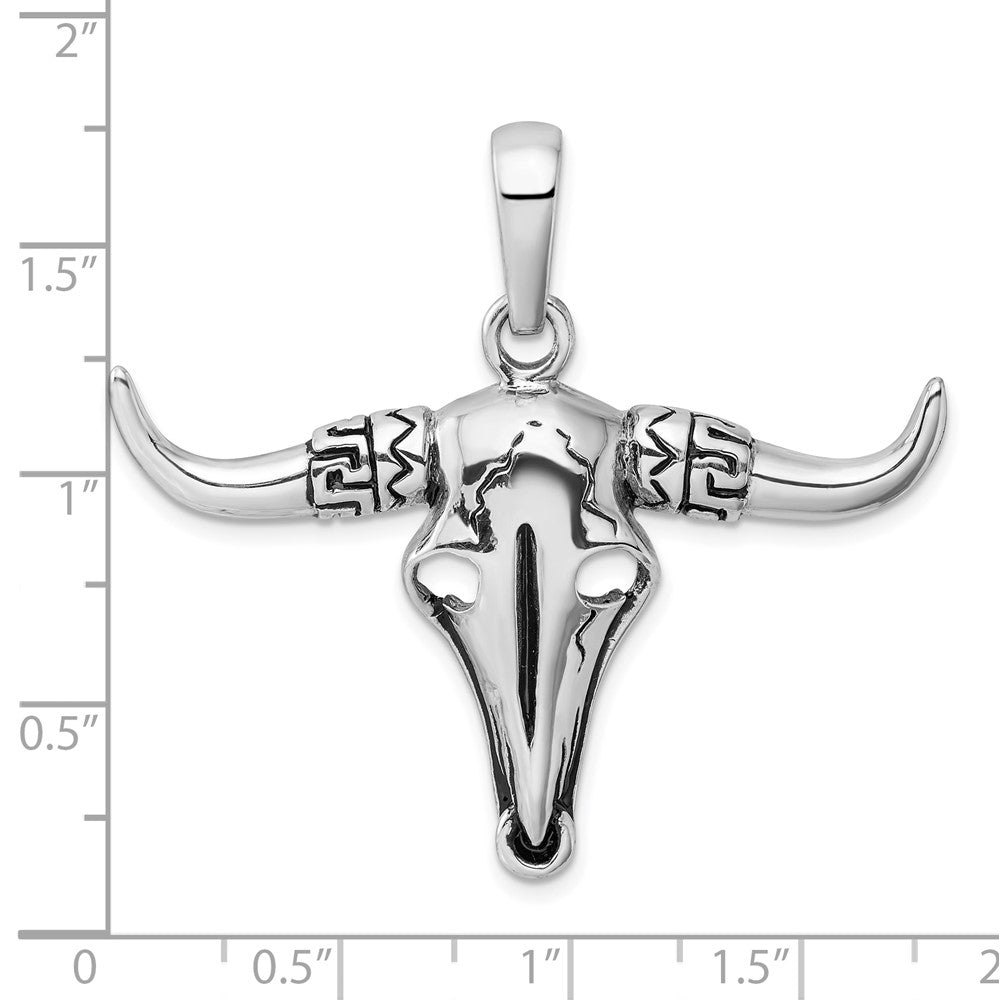 Sterling Silver Rhodium-Plated Antiqued Bull Skull Pendant