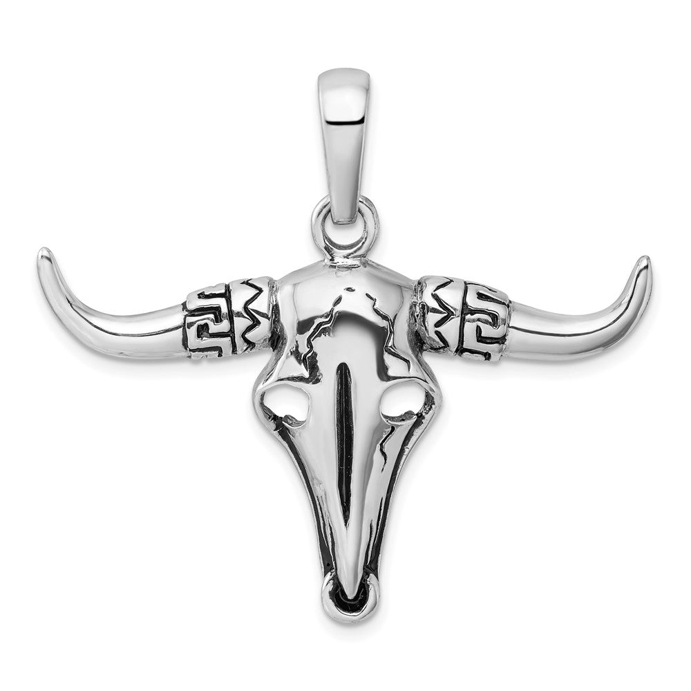 Sterling Silver Rhodium-Plated Antiqued Bull Skull Pendant
