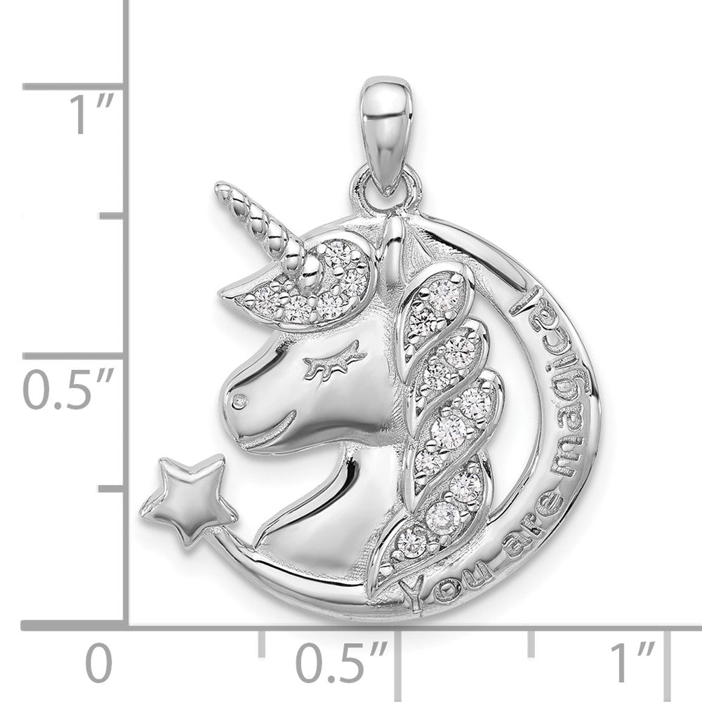Sterling Silver Rhodium Plated Polished CZ Unicorn You Are Magical Pendant