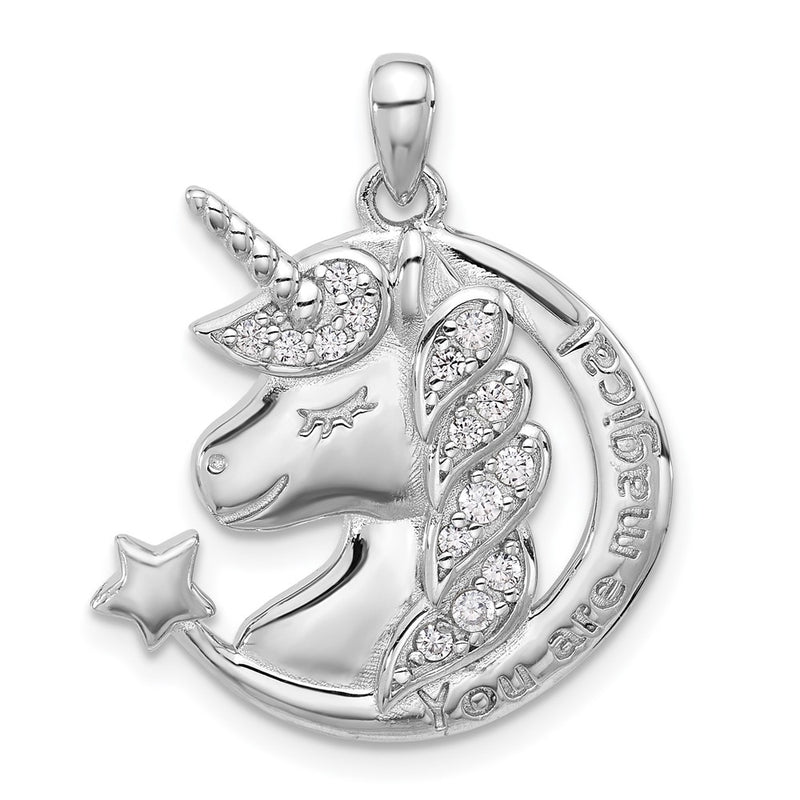 Sterling Silver Rhodium Plated Polished CZ Unicorn You Are Magical Pendant