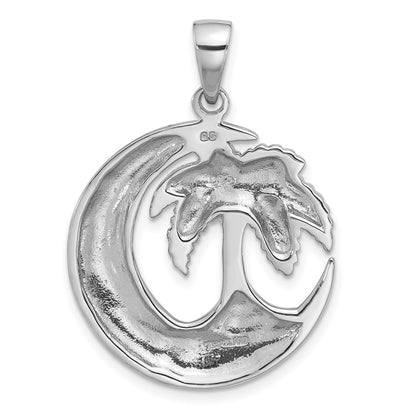 Sterling Silver Rhodium Plated Polished Palm Tree with Crescent Moon Pendant