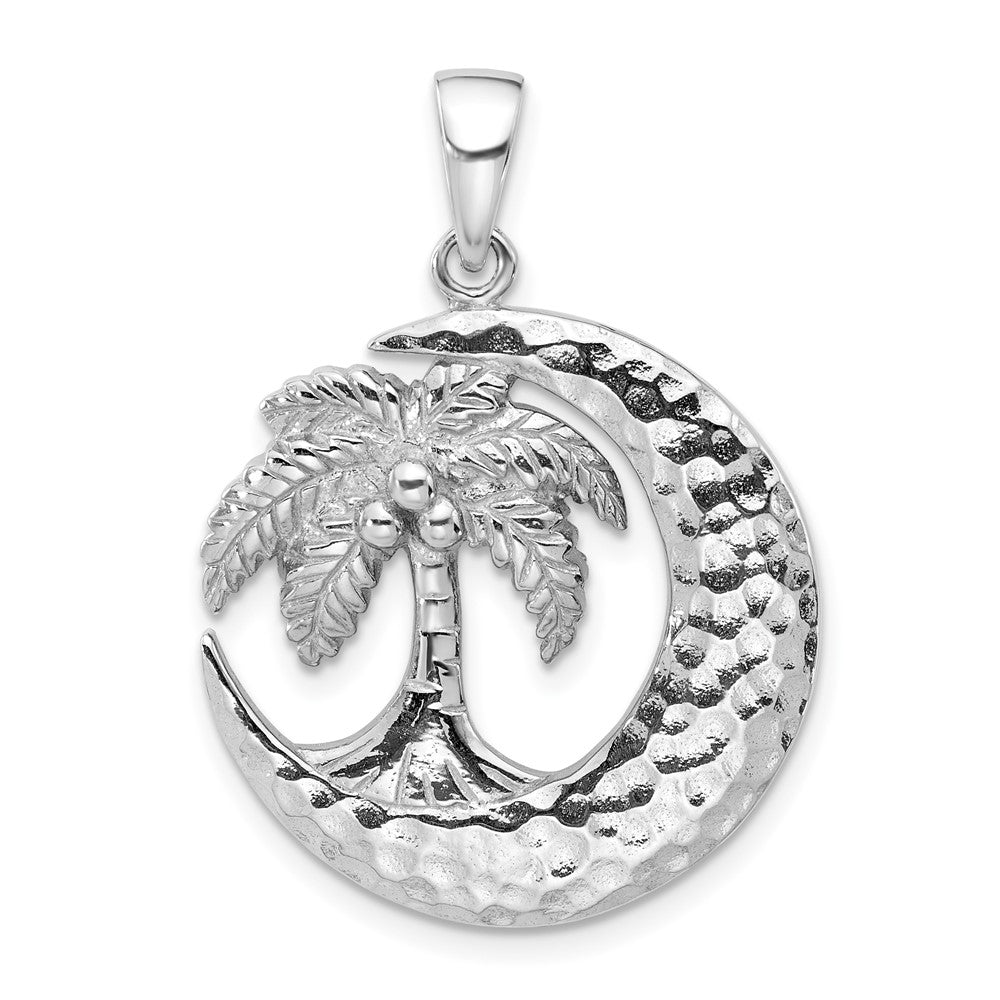 Sterling Silver Rhodium Plated Polished Palm Tree with Crescent Moon Pendant