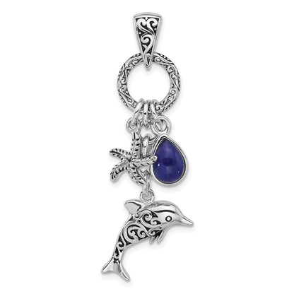 Sterling Silver Rhod/oxidized Lapis Lazuli Dolphin/starfish Pendant