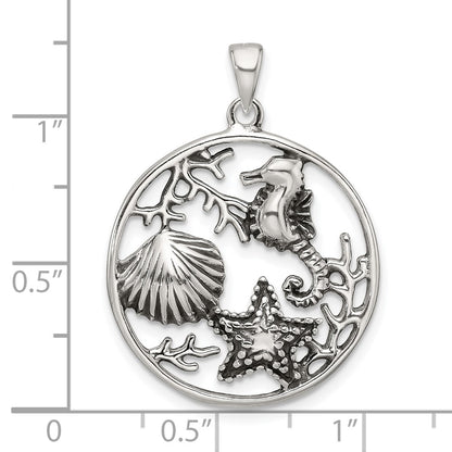Sterling Silver Polished and Antiqued Sea Life Circle Pendant
