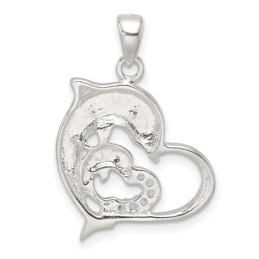 Sterling Silver Rose-Tone Polished CZ Dolphin Heart Pendant