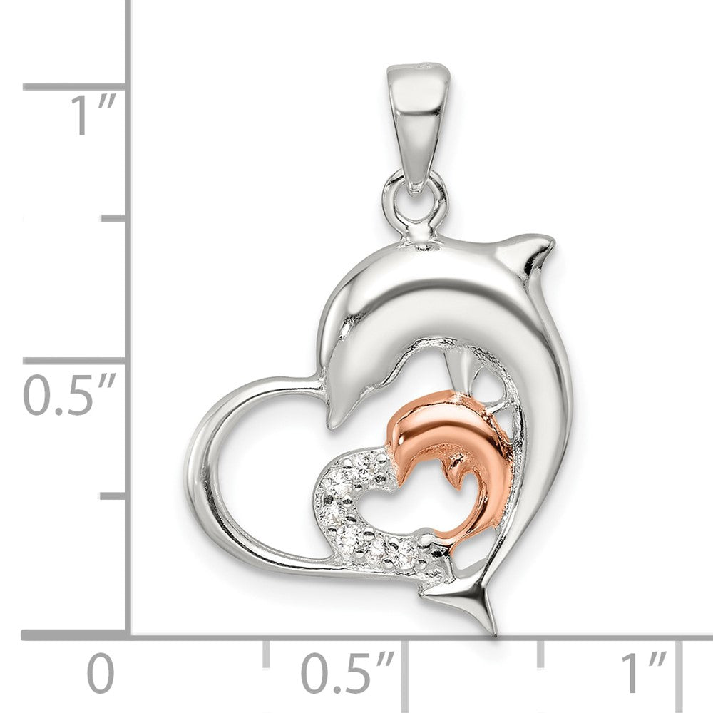 Sterling Silver Rose-Tone Polished CZ Dolphin Heart Pendant