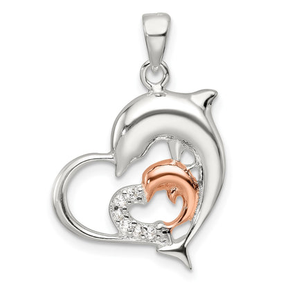 Sterling Silver Rose-Tone Polished CZ Dolphin Heart Pendant