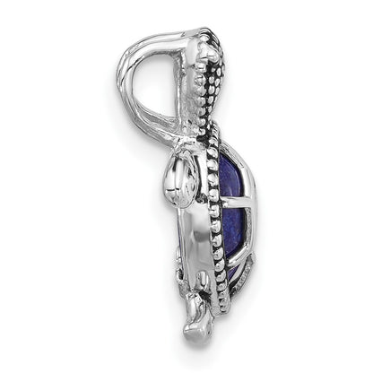 Sterling Silver Rhodium Plated Polished and Antiqued Lapis Turtle Chain Slide