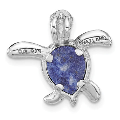 Sterling Silver Rhodium Plated Polished and Antiqued Lapis Turtle Chain Slide