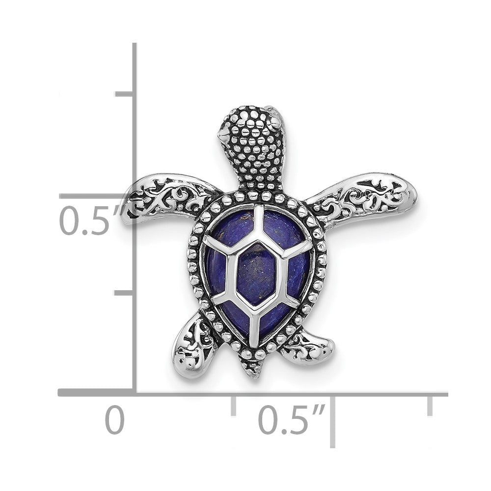 Sterling Silver Rhodium Plated Polished and Antiqued Lapis Turtle Chain Slide
