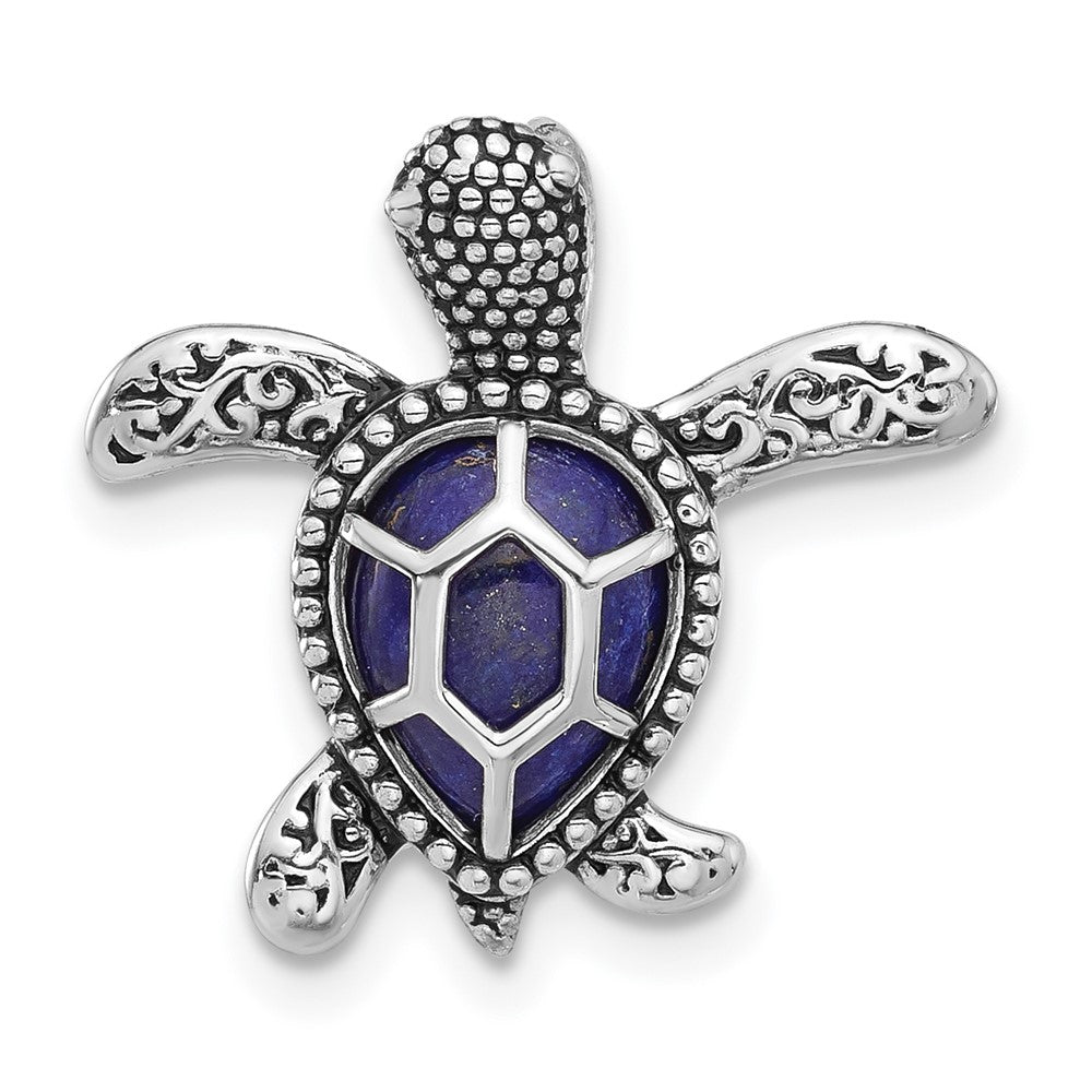 Sterling Silver Rhodium Plated Polished and Antiqued Lapis Turtle Chain Slide