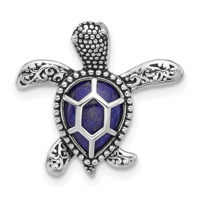 Sterling Silver Rhodium Plated Polished and Antiqued Lapis Turtle Chain Slide