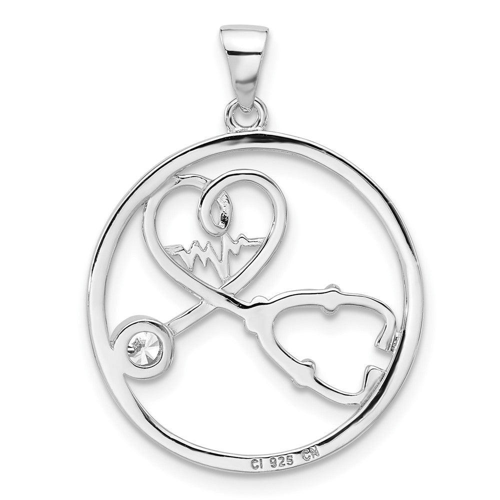Sterling Silver Rhodium Plated with CZ Stethoscope and Heartbeat Pendant
