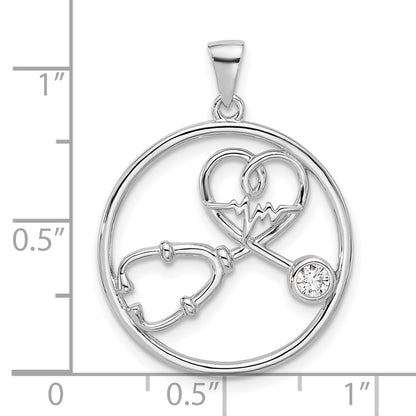 Sterling Silver Rhodium Plated with CZ Stethoscope and Heartbeat Pendant