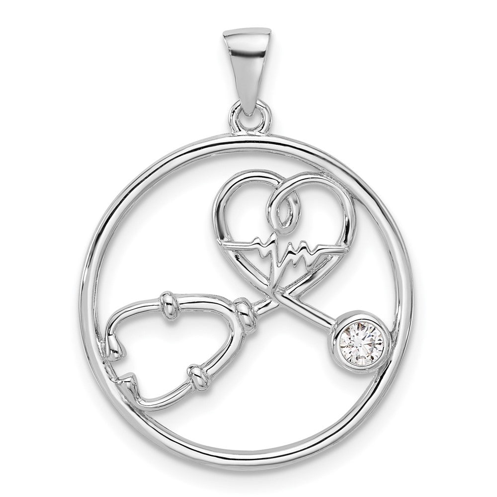 Sterling Silver Rhodium Plated with CZ Stethoscope and Heartbeat Pendant