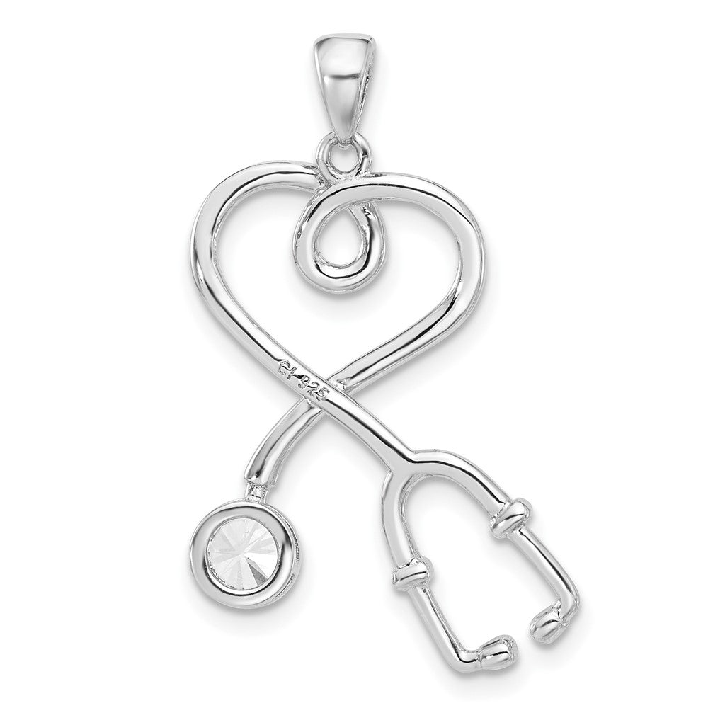 Sterling Silver Rhodium-Plated with CZ Stethoscope with Heart Pendant