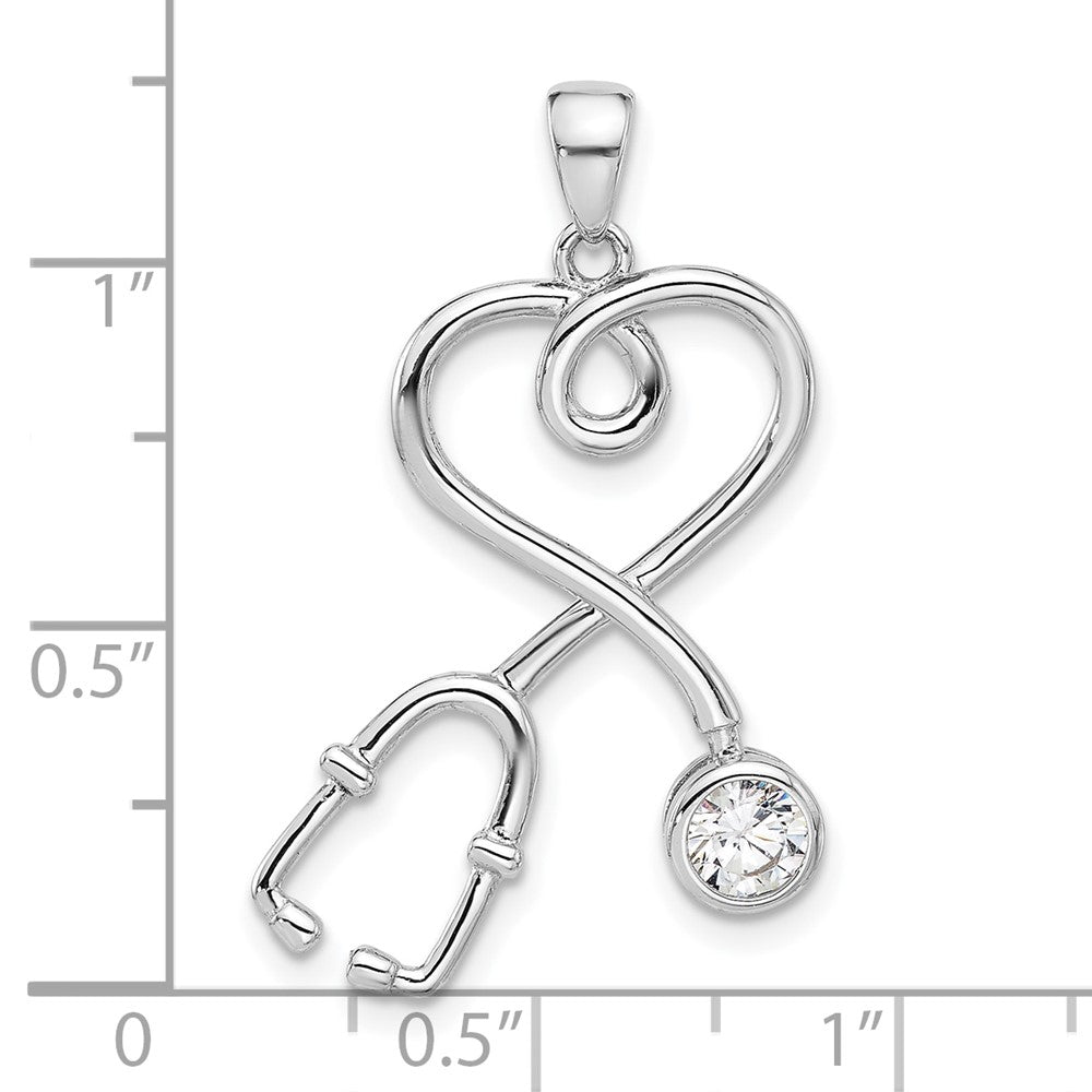 Sterling Silver Rhodium-Plated with CZ Stethoscope with Heart Pendant