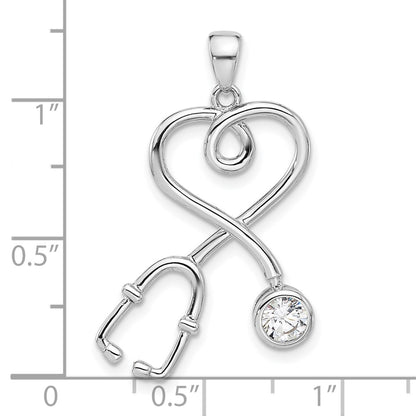 Sterling Silver Rhodium-Plated with CZ Stethoscope with Heart Pendant