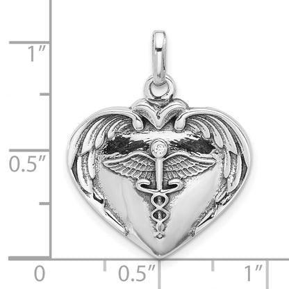 Sterling Silver Rhodium Plated Caduceus Heart and Wings CZ Oxidized Pendant