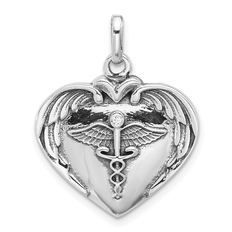 Sterling Silver Rhodium Plated Caduceus Heart and Wings CZ Oxidized Pendant