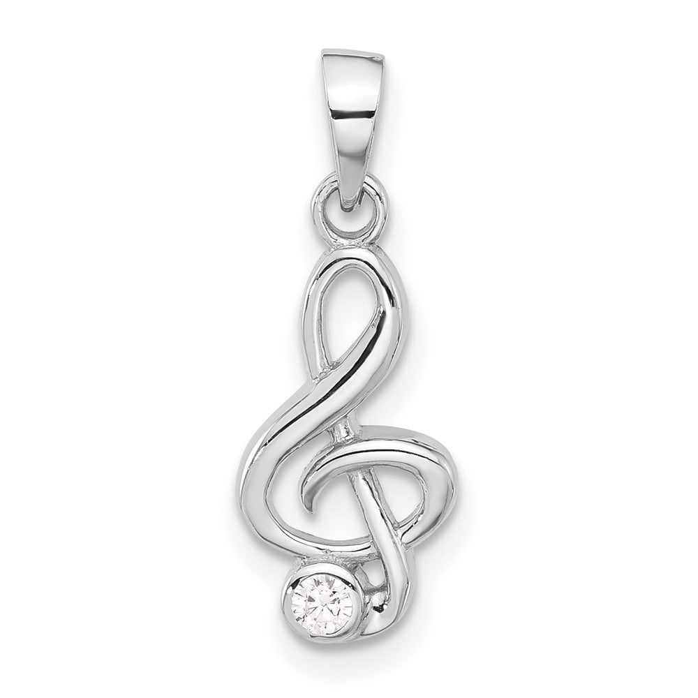 Sterling Silver Rhodium-Plated CZ Treble Clef Pendant