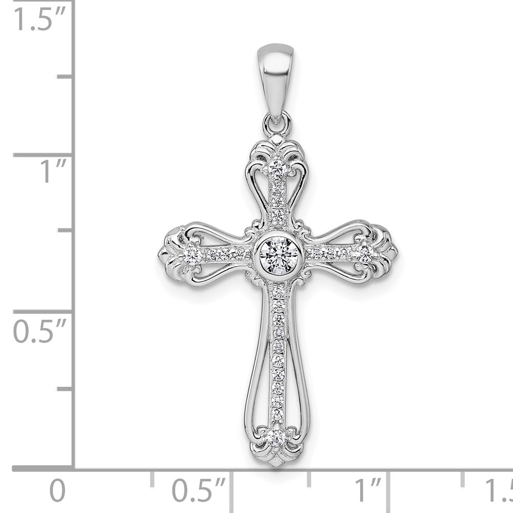Sterling Silver Rhodium-Plated Polished Fancy CZ Cross Pendant