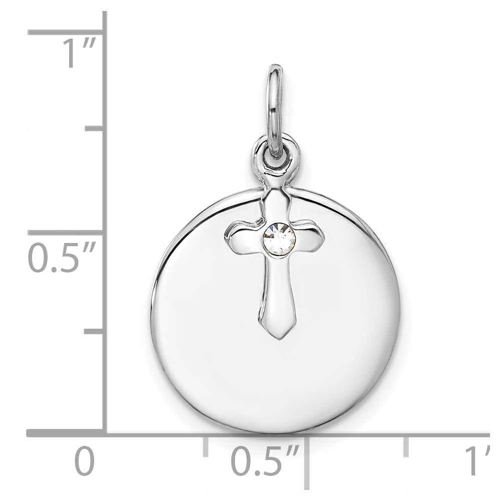 Sterling Silver Rhodium-Plated Circle Disk and Cross with Clear Crystal Pendant