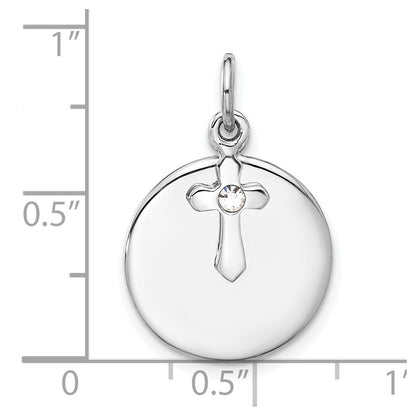 Sterling Silver Rhodium-Plated Circle Disk and Cross with Clear Crystal Pendant