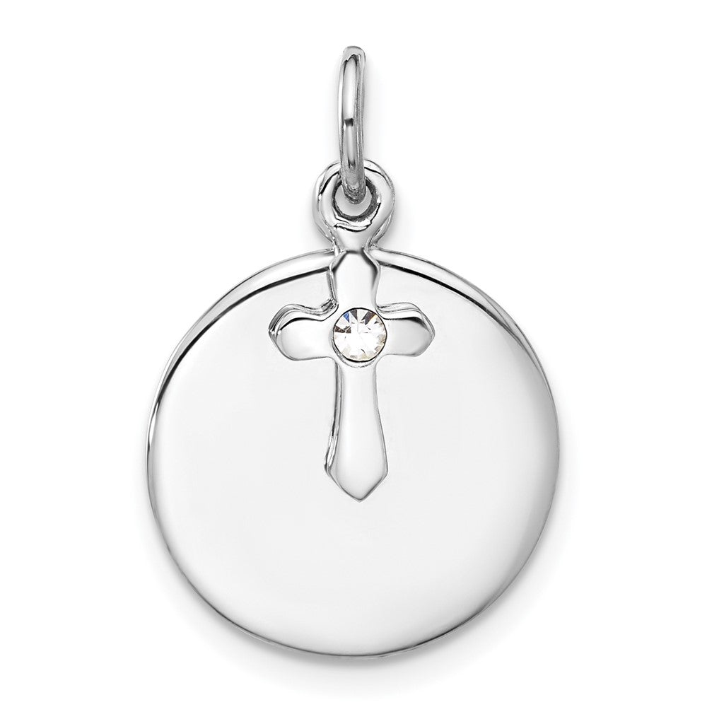 Sterling Silver Rhodium-Plated Circle Disk and Cross with Clear Crystal Pendant