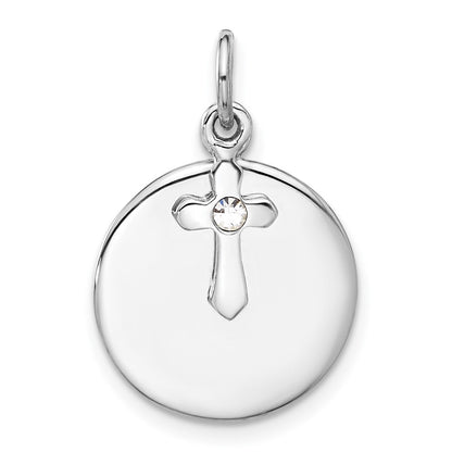 Sterling Silver Rhodium-Plated Circle Disk and Cross with Clear Crystal Pendant