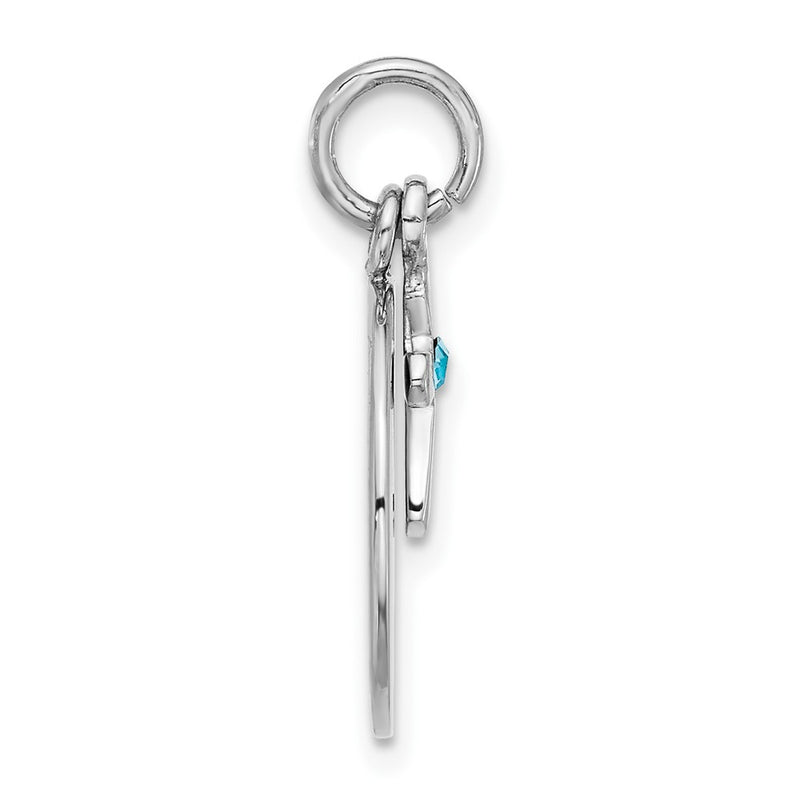Sterling Silver Rhodium-Plated Circle Disk and Cross with Blue Crystal Pendant