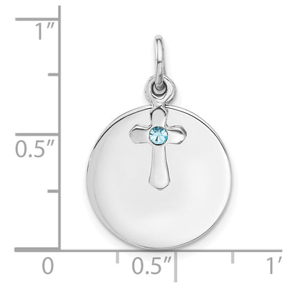 Sterling Silver Rhodium-Plated Circle Disk and Cross with Blue Crystal Pendant