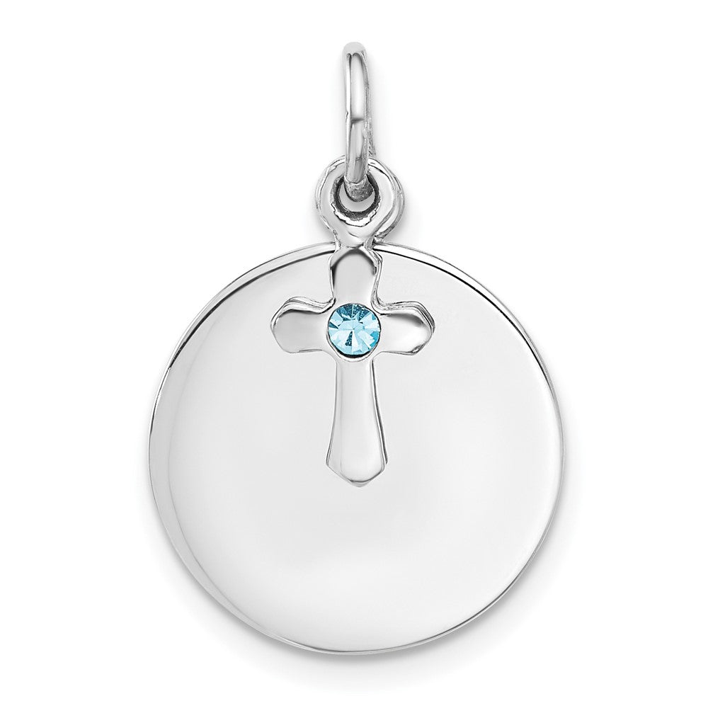 Sterling Silver Rhodium-Plated Circle Disk and Cross with Blue Crystal Pendant