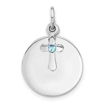 Sterling Silver Rhodium-Plated Circle Disk and Cross with Blue Crystal Pendant