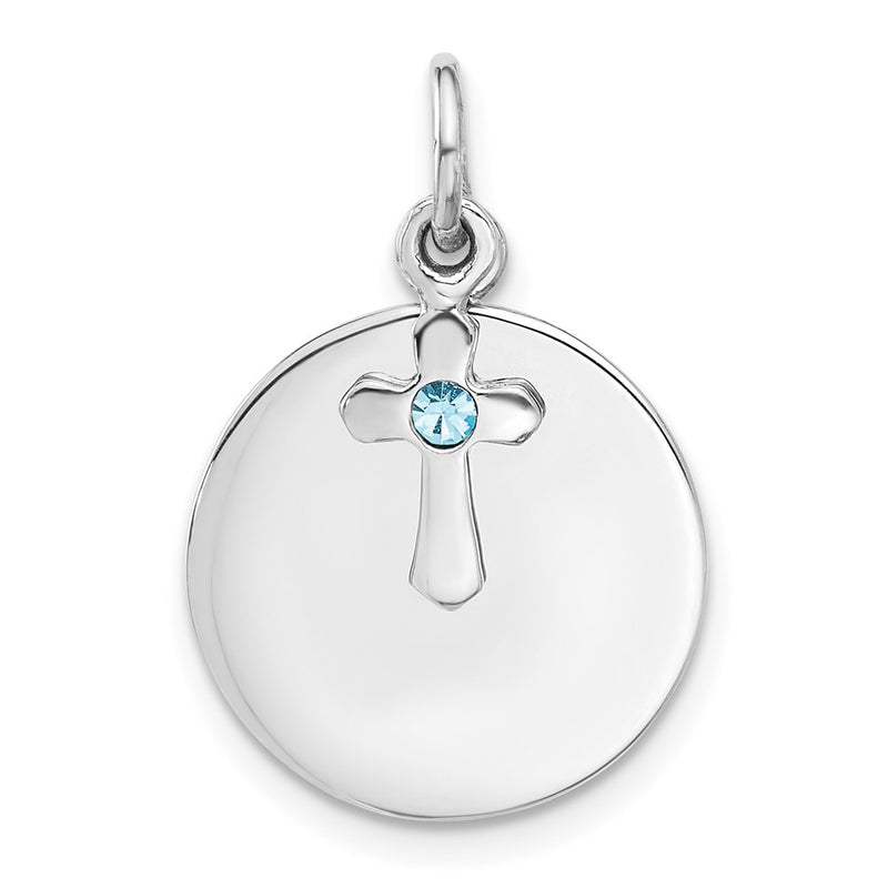 Sterling Silver Rhodium-Plated Circle Disk and Cross with Blue Crystal Pendant
