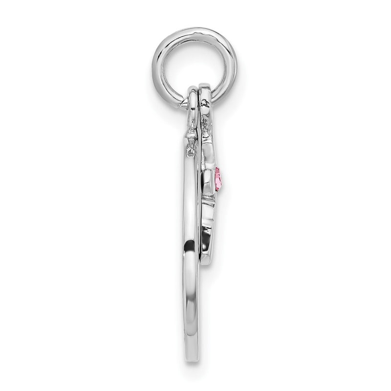 Sterling Silver Rhodium-Plated Circle Disk and Cross with Pink Crystal Pendant
