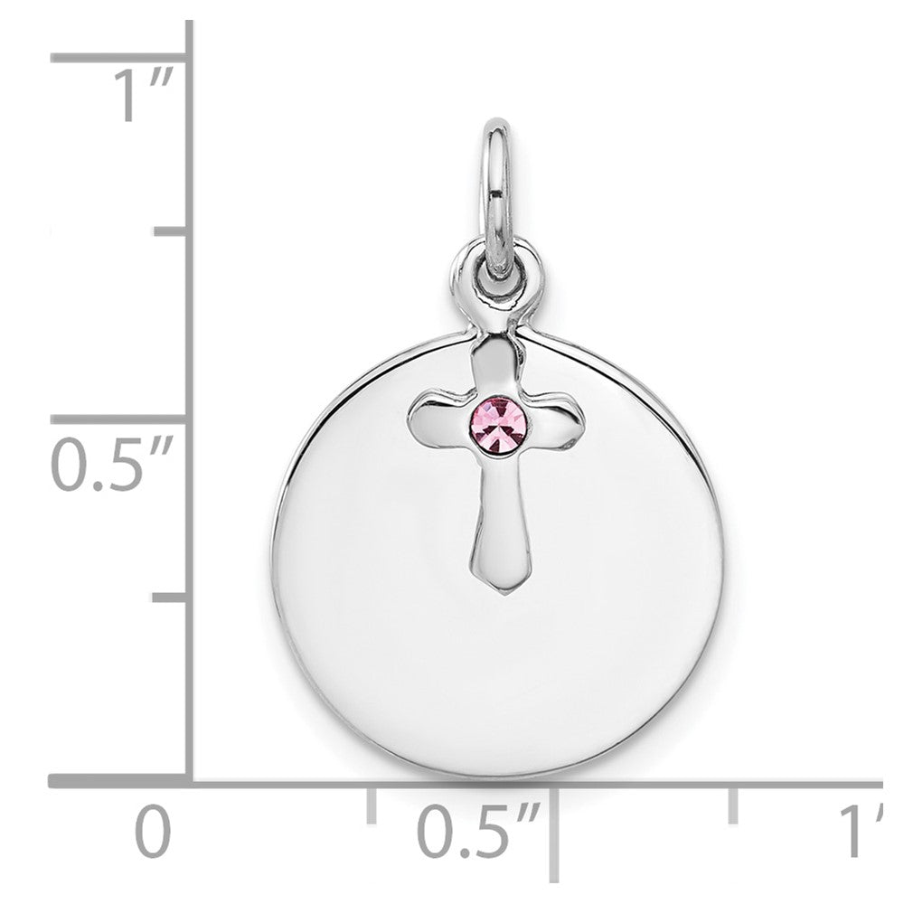 Sterling Silver Rhodium-Plated Circle Disk and Cross with Pink Crystal Pendant