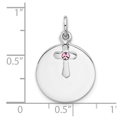 Sterling Silver Rhodium-Plated Circle Disk and Cross with Pink Crystal Pendant
