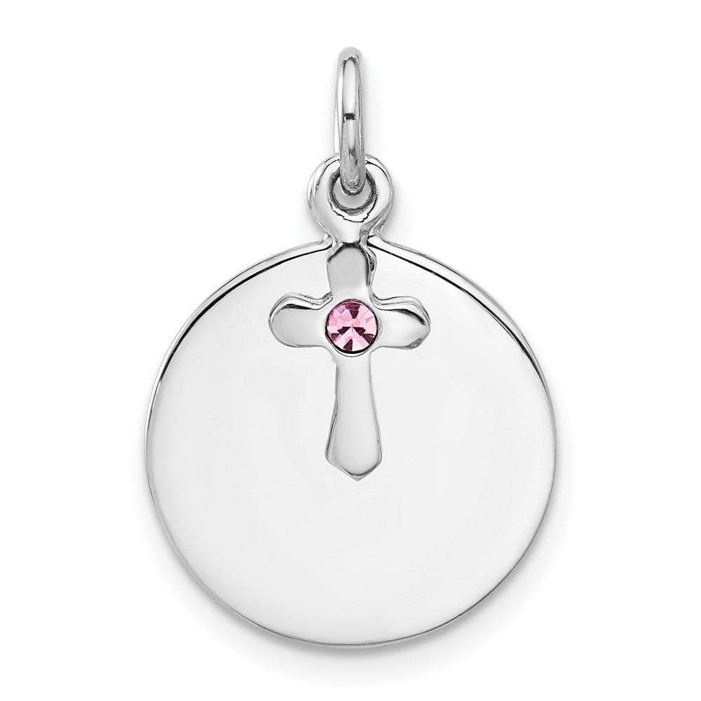 Sterling Silver Rhodium-Plated Circle Disk and Cross with Pink Crystal Pendant