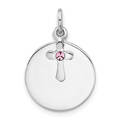 Sterling Silver Rhodium-Plated Circle Disk and Cross with Pink Crystal Pendant
