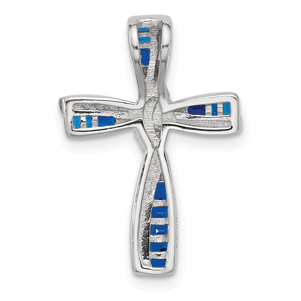 Sterling Silver Flash Platinum-Plated Synthetic Blue Spinel and CZ Cross Charm