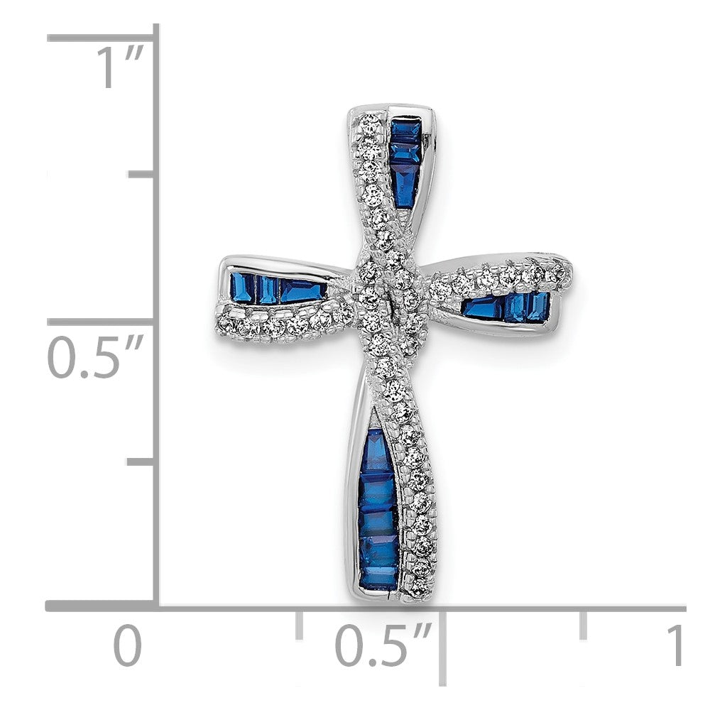 Sterling Silver Flash Platinum-Plated Synthetic Blue Spinel and CZ Cross Charm