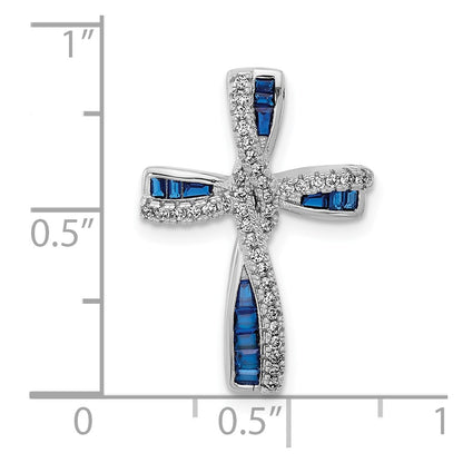 Sterling Silver Flash Platinum-Plated Synthetic Blue Spinel and CZ Cross Charm