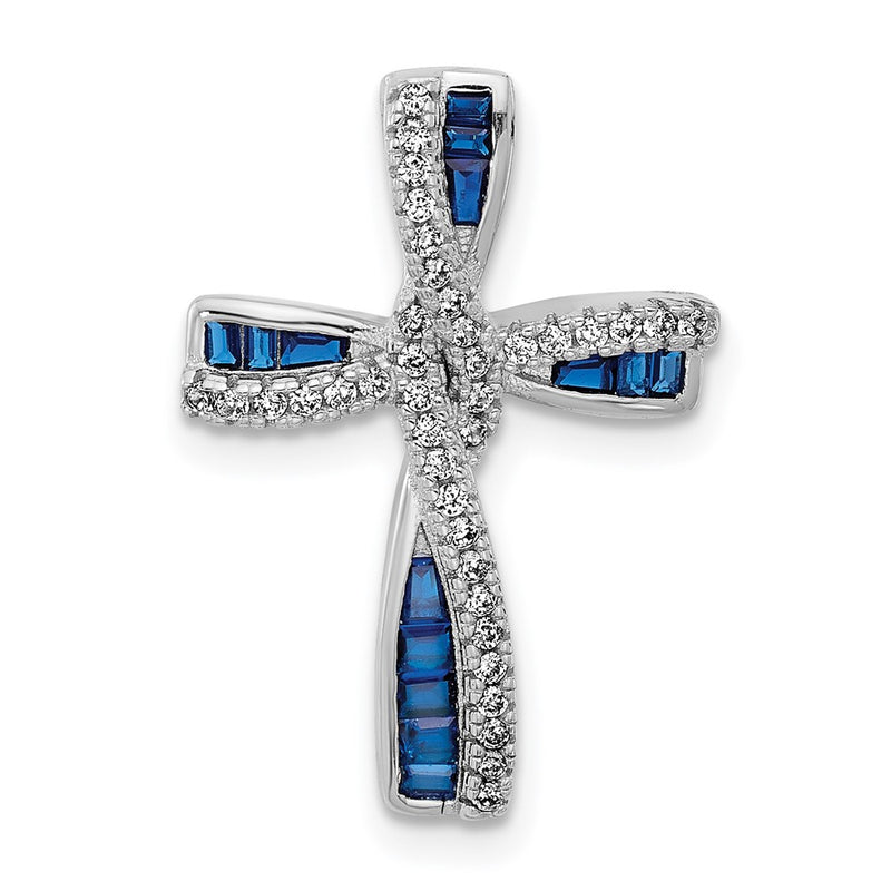 Sterling Silver Flash Platinum-Plated Synthetic Blue Spinel and CZ Cross Charm